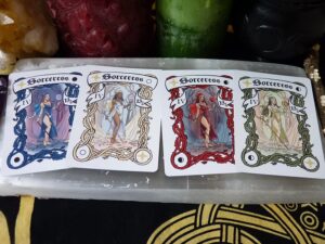 Four fantasy-themed playing cards that say Sorceress